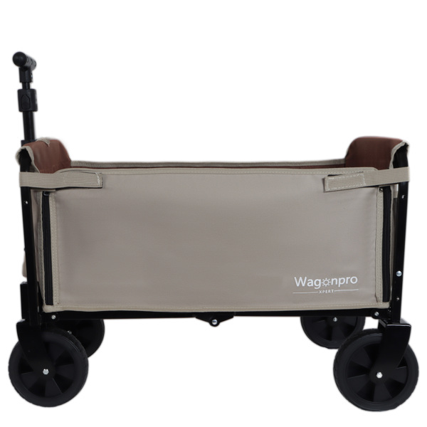 All-in-One Convertible Folding Camping Wagon Cart: Bench Seat, Storage Compartment & Included Dog Tether, Beige/Brown -12