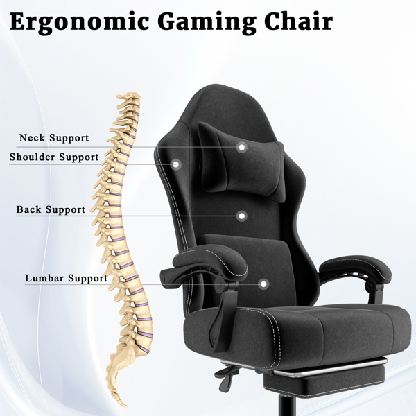 Ergonomic Gaming Chair, Video Game Chair with Massage Lumbar Support and Footrest, Height Adjustable Fabric Computer Chair with Pocket Spring Cushion, Black-6