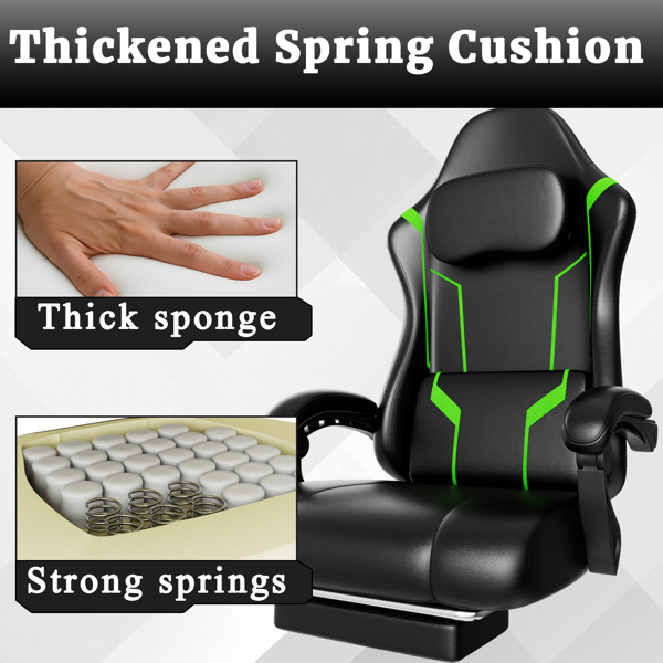 Ergonomic Gaming Chair, Video Game Chair with Pocket Spring Cushion and Footrest, Height Adjustable Computer Chair with Swivel Seat and Headrest (Faux Leather, Green)-3