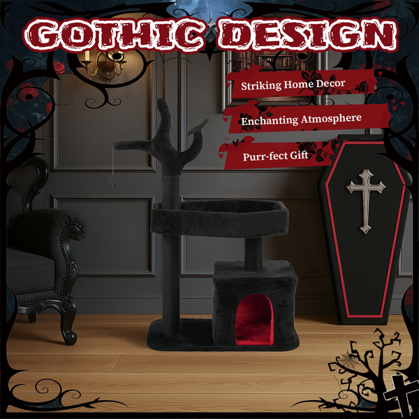 44.5" Heavy Duty Gothic Cat Tree Large Cat Tower Cat Tree for Indoor Cats Spacious Cat Condo Coffin for Large Cats Scratching Posts Hanging Ball Pet Activities Platform Cat Furniture-9