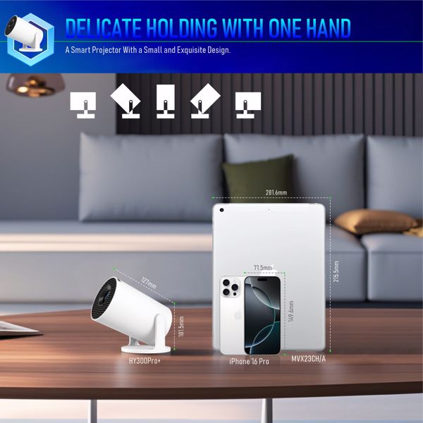 迷你投影仪，支持4K 1080P便携式投影仪，双频WIFI6 5G无线5.2蓝牙Android 11200 ANSI流明，180°可旋转，自动梯形校正，35英寸-130英寸屏幕视频投影仪-16