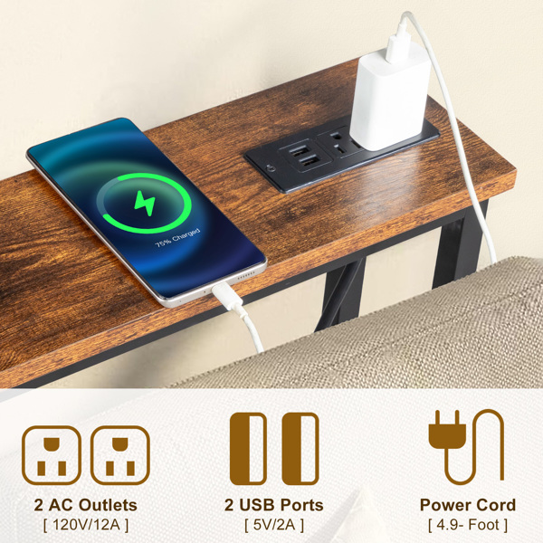 39.4" Narrow Console Sofa Table with Power Outlets and USB Ports, Skinny Couch Table with Metal Frame and Charge Station with 4.9ft Extension Cord, Rustic Brown-11