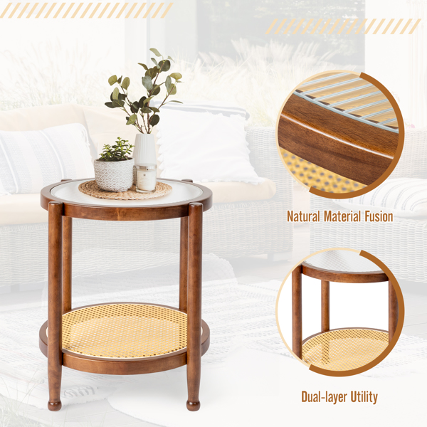 19.7in Rattan Coffee Table with Glass Top, Small Round End Table, Boho Style Side Table Sofa End Table for Living Room Balcony Patio, Walnut-13