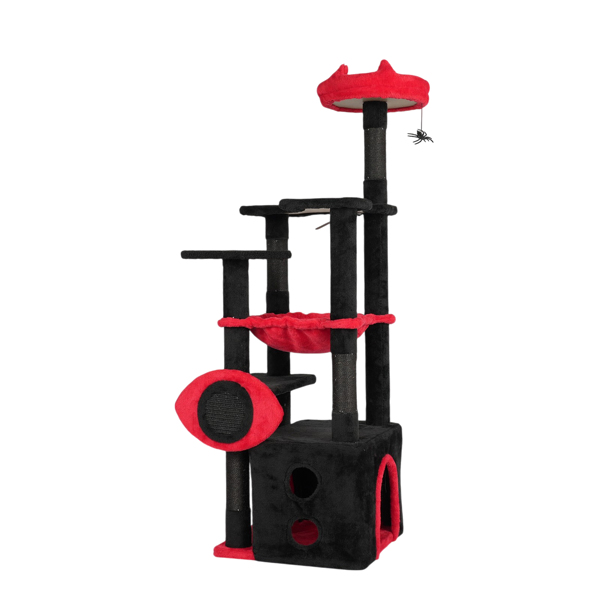 53" Large Cat Tree, Gothic Cat Tower with Padded Perch, Spacious Condo, Comfy Hammock, Scratching Post, Hanging Toy for Indoor Cats, Red & Black-3