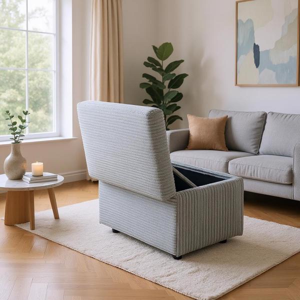 Light Gray Corduroy Upholstered Storage Ottoman with Black Round Rubber Feet – 63×43×43cm, Hidden Storage with Soft Seating-5