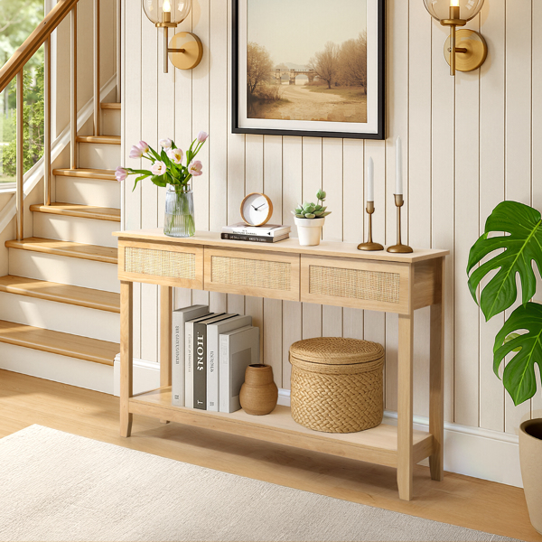 Boho Style Rattan Console Table with 3 Drawers and Open Storage Shelf, Entryway Table Narrow Long Sofa Table Hallway Foyer Table Behind Couch Table, Natural Wood-6