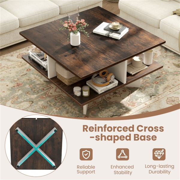 2-Tier Living Room Coffee Table - Square Design with 4 Storage Compartments-9