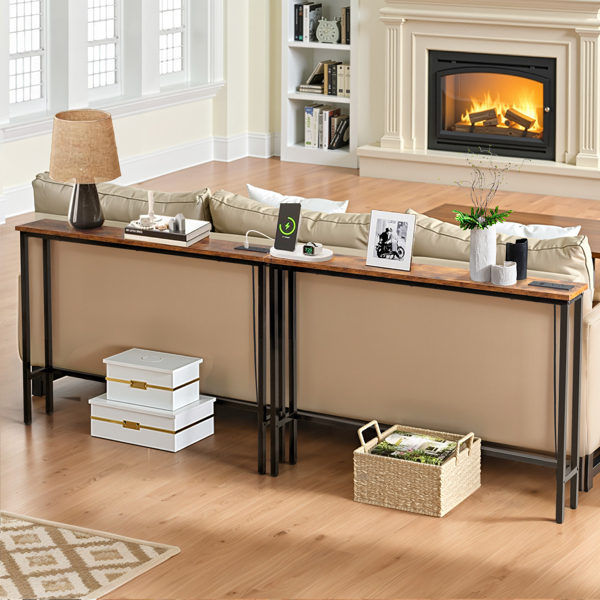 2 Pack 39.4" Narrow Console Sofa Table with Power Outlets and USB Ports, Long Couch Table with Metal Frame and Charge Station with 4.9ft Extension Cord, Rustic Brown-7
