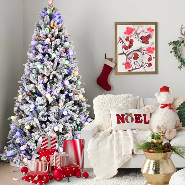 Artificial 7.5ft Flock Christmas Tree with 1523PE/PVC Mixed Branch Tips,Hinged Premium & Foldable Base for Indoor Holiday Decorating-5