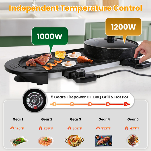 Dual-Electric 2 in 1 Hot Pot & Grill Combo, 2200W Rapid-Heat Indoor , 3.7 QT Non-Stick Hotpot Separate Temp Control , Apartment-Friendly Party Cooker-7