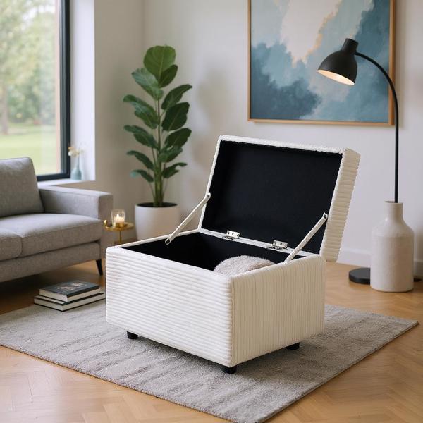 Beige Corduroy Upholstered Storage Ottoman with Black Round Rubber Feet – 63×43×43cm, Hidden Storage with Soft Seating-2