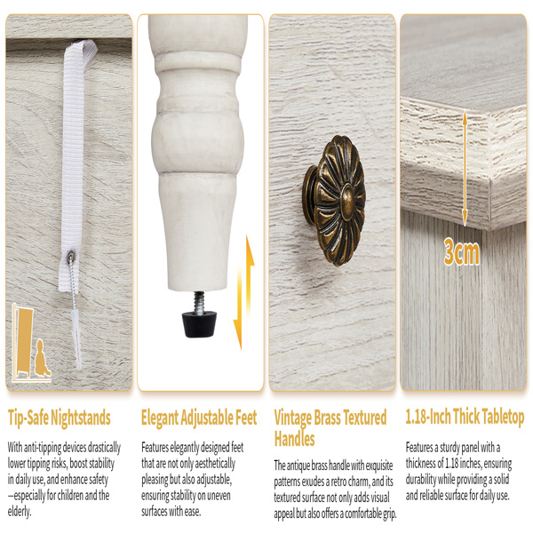 Retro white P2 particle board with 3D paper + solid wood legs 63*44.5*68.5CM three drawers bedside table 1pcs-10