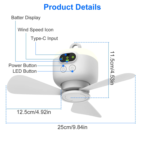 2 In 1 Portable Camping Fan with LED Lantern 8000mAh Battery Powered Tent Fan with Carabiner Digital Display 4 Speeds 4 Timer Settings for Camping Canopy Tents RV-11
