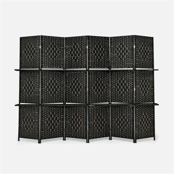 Foldable Room Screen with Storage Shelves - 106.5"x71" Max Size, Hand-Woven Fiber & Poplar Wood Frame, Black-6