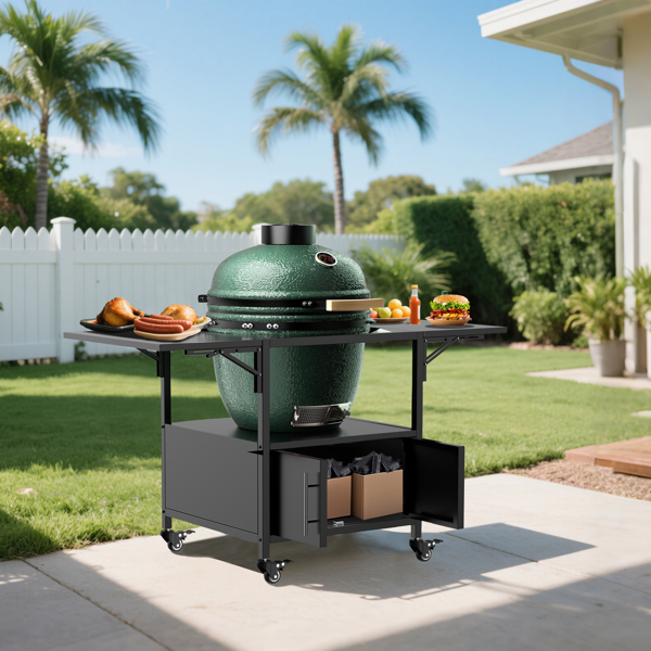 户外烧烤桌，适用于 Big Green Egg 式烧烤炉，金属烧烤车，带 2 个折叠面板，可与高达 Large Green Egg 的 Kamado Joe Jr 兼容-2