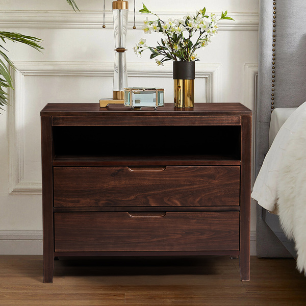 Brown P2 density board + solid wood veneer frame 75*40*61CM two drawers with upper compartment bedside table mid-century modern-12