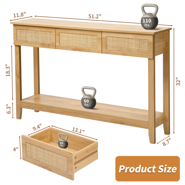 Boho Style Rattan Console Table with 3 Drawers and Open Storage Shelf, Entryway Table Narrow Long Sofa Table Hallway Foyer Table Behind Couch Table, Natural Wood-8