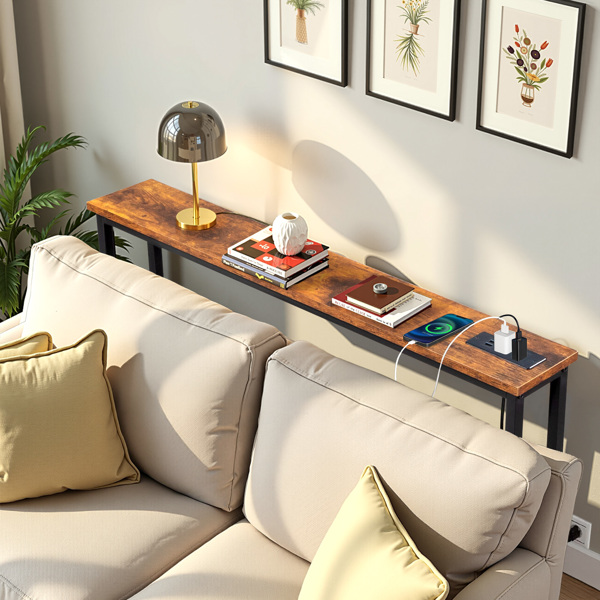39.4" Narrow Console Sofa Table with Power Outlets and USB Ports, Skinny Couch Table with Metal Frame and Charge Station with 4.9ft Extension Cord, Rustic Brown-8