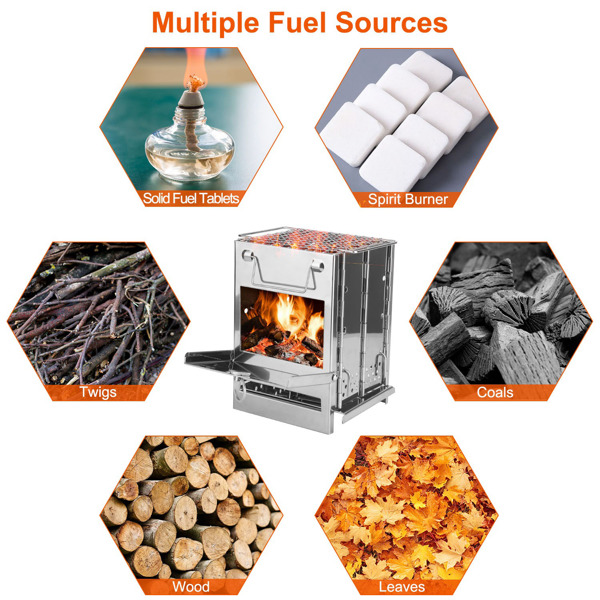 Foldable Camping Wood Burning Stove with Grill, Camp Stove Collapsible Backpacking Survival Stove Stainless Steel Campfire Stove for Outdoor Cooking Picnic Hiking BBQ (Sliver-Large)-4