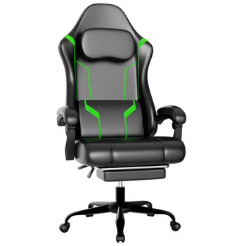 Ergonomic Gaming Chair, Video Game Chair with Pocket Spring Cushion and Footrest, Height Adjustable Computer Chair with Swivel Seat and Headrest (Faux Leather, Green)