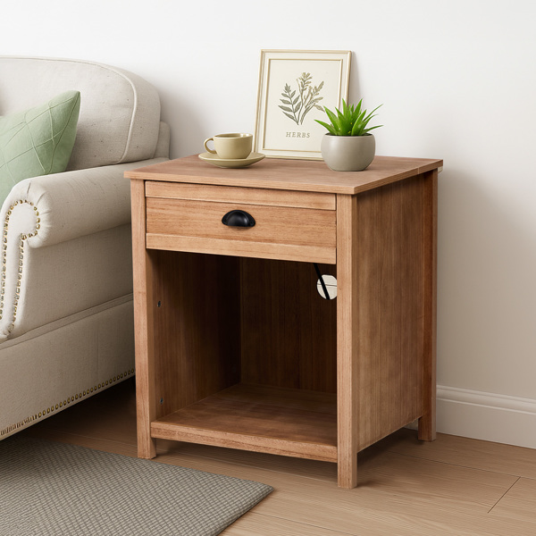 Oak color P2 density board + solid wood veneer frame 56*45*65cm one drawer with lower compartment bedside table mid-century modern-20