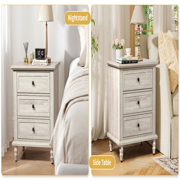 Retro white P2 particle board with 3D paper + solid wood legs 63*44.5*68.5CM three drawers bedside table 1pcs-11