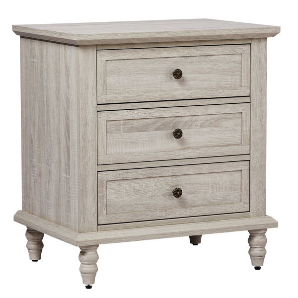 Retro white P2 particle board with 3D paper + solid wood legs 63*44.5*68.5CM three drawers bedside table 1pcs-24