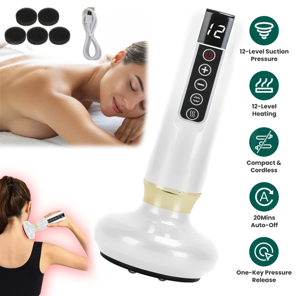 带 12 级吸力和加热功能的按摩器 - 钢制滚轮可显著减少 cellulite，全身适用 - 无线可充电，适用于大腿、臀部、颈部等部位--白色-1