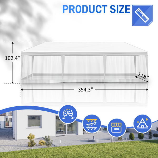 10X30ft 白色 8面(2门6围)纱网 仿折叠棚 配8片分体纱网围布 白色PE顶布  白色喷塑铁管 白色网纱 LT-8