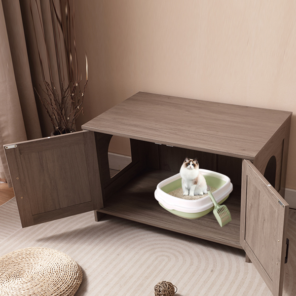 猫砂盆围栏，隐藏式猫砂盆家具，带谷仓门，木制猫盥洗室家具，猫屋，茶几，适合大多数猫砂盆，灰色-4