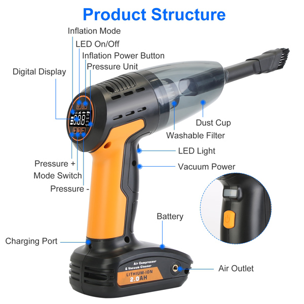 4-in-1 Cordless Car Vacuum & 150PSI Inflator: Rechargeable, Digital Display, LED Light, Tire Pressure Gauge-10