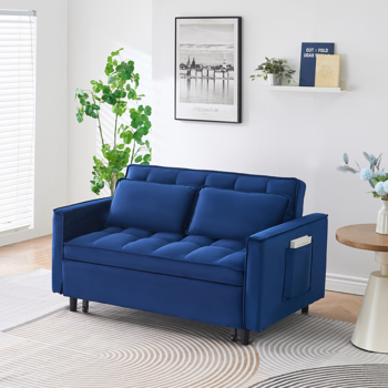 The 55-inch dreamlike blue velvet sofa is elegant and convenient with pockets, cleverly interpreting the art of three-in-one conversion. 