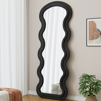 Flannel Full Length Wave Floor Mirror with Stand for Bedroom living room Hanging or Against The Wall black 