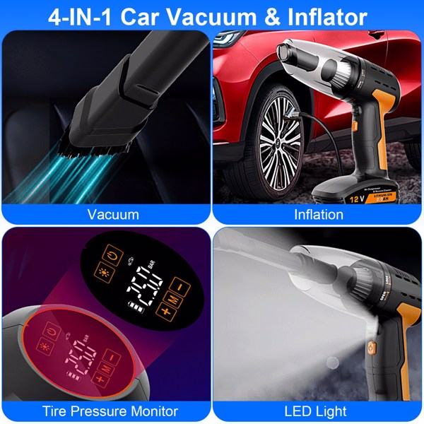 4-in-1 Cordless Car Vacuum & 150PSI Inflator: Rechargeable, Digital Display, LED Light, Tire Pressure Gauge-5