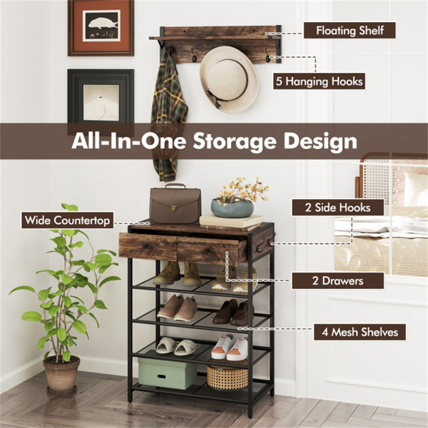 多功能入口储物空间-5钩衣架+2抽屉鞋架，带4个网架（amazon shipping-发货，WALMART禁止销售）周末不发货-9