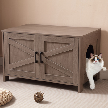 猫砂盆围栏，隐藏式猫砂盆家具，带谷仓门，木制猫盥洗室家具，猫屋，茶几，适合大多数猫砂盆，灰色
