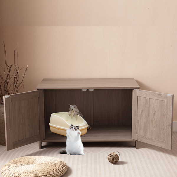 猫砂盆围栏，隐藏式猫砂盆家具，带谷仓门，木制猫盥洗室家具，猫屋，茶几，适合大多数猫砂盆，灰色-3