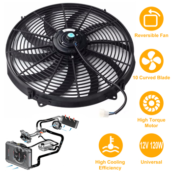 16英寸通用可逆电动散热器冷却风扇（10片弧形叶片）- 12V 3000 CFM，重型温控器（200°开启/180°关闭），高扭矩电机配密封轴承 - 完整套件