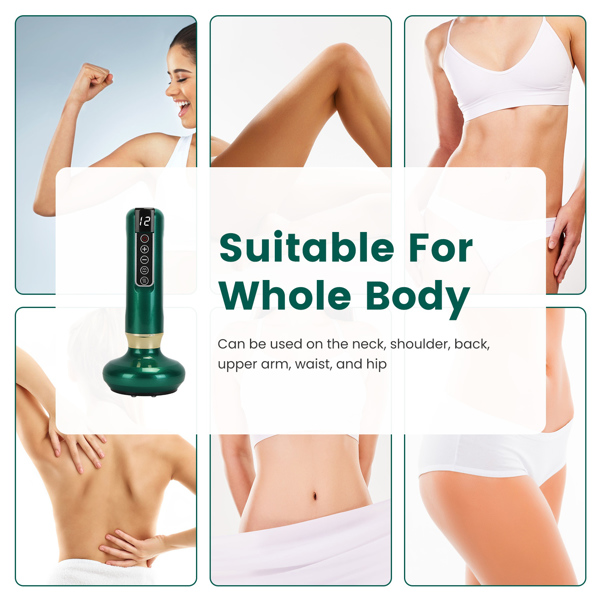 带 12 级吸力和加热功能的按摩器 - 钢制滚轮可显著减少 cellulite，全身适用 - 无线可充电，适用于大腿、臀部、颈部等部位--绿色-8