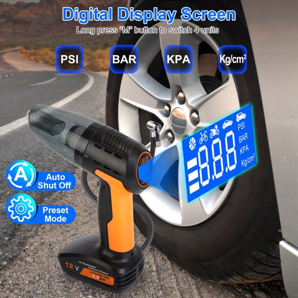 4-in-1 Cordless Car Vacuum & 150PSI Inflator: Rechargeable, Digital Display, LED Light, Tire Pressure Gauge-6