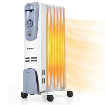 Portable Oil Heater with Thermostat - 10\\"x13.5\\"x25\\" Size, 4 Wheels & Cord Storage, 3 Heating Levels