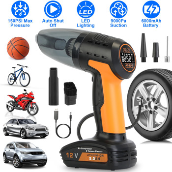 4-in-1 Cordless Car Vacuum & 150PSI Inflator: Rechargeable, Digital Display, LED Light, Tire Pressure Gauge