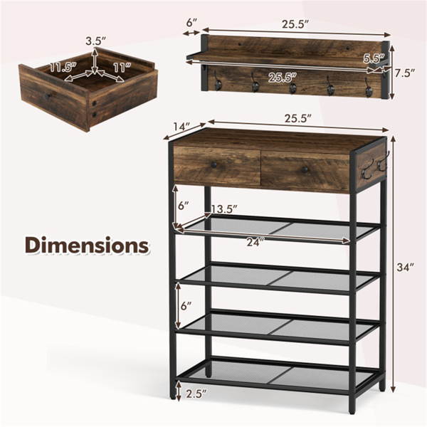 多功能入口储物空间-5钩衣架+2抽屉鞋架，带4个网架（amazon shipping-发货，WALMART禁止销售）周末不发货-5