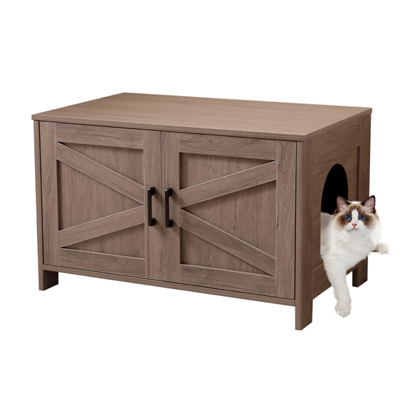 猫砂盆围栏，隐藏式猫砂盆家具，带谷仓门，木制猫盥洗室家具，猫屋，茶几，适合大多数猫砂盆，灰色-8