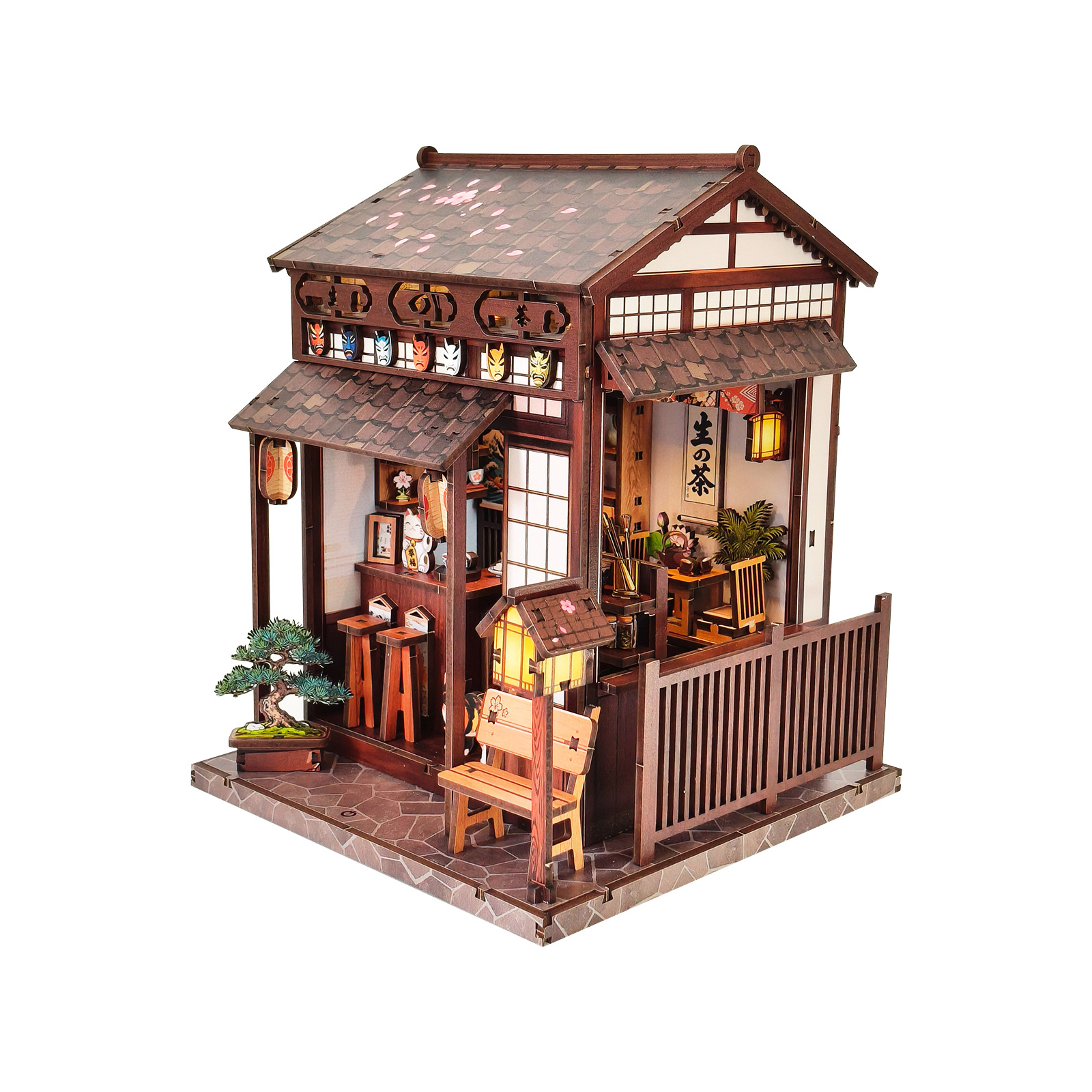 樱花小屋书立瓦片屋顶与灯笼场景