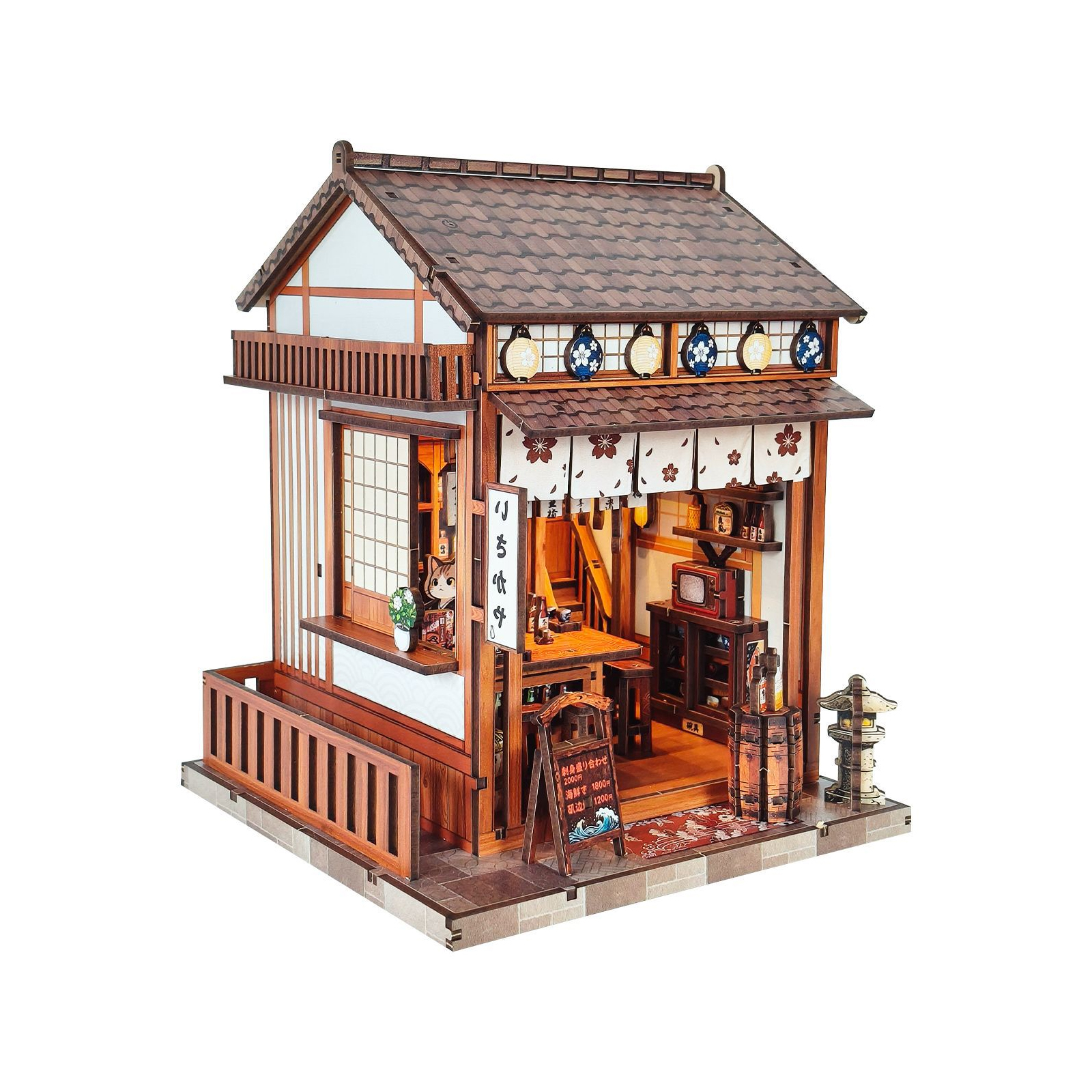 樱花暖帘酒屋书立吧台与复古电视场景