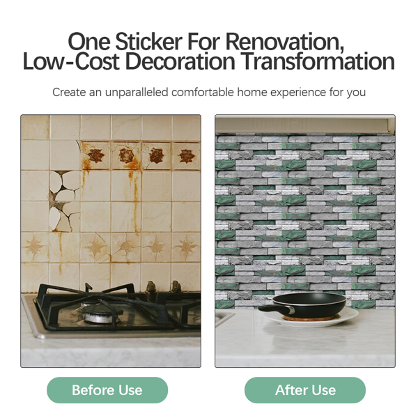 12 Pcs Realistic Green Stone Brick Peel And Stick Wallpaper Removable Self-Adhesive PVC Waterproof And Moisture-Proof Easy Diy Installation For Kitchen Backsplash, Walls, Bathroom Wall Decoration-3