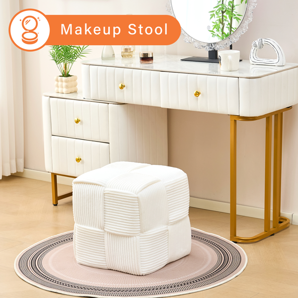 Square Ottoman Foot Stool Corduroy Vanity Chair Bench with Padded Woven Footrest for Entryway Living Room Hallway White-6