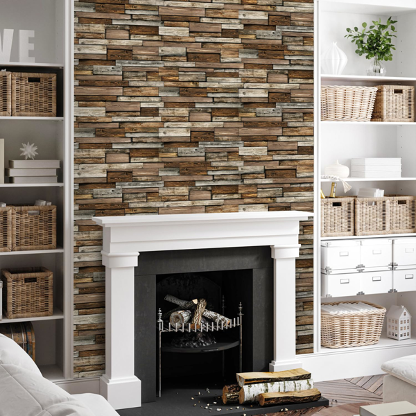 12 Sheets Self Adhesive Brown Irregular Wood Grain Peel And Stick Wallpaper, Hanging Decorative Tiles,PVC Water resistant Oil Resistant For Kitchen And Bathroom Decoration, Easy To Stick And Remove-10