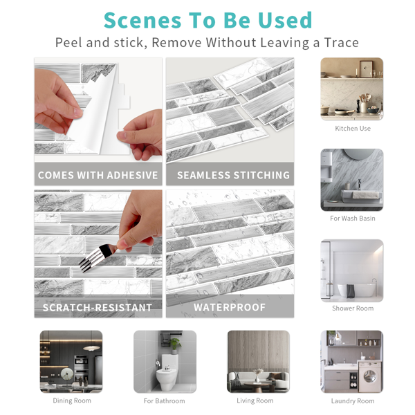 24 PCS Irregular Shape Modern Gray Marble Pattern Peel And Stick Wallpaper (4.72*9.68inch) Kitchen Bathroom Tiles Stickers Suitable For Wall Decoration And Renovation Remove Without Leaving Glue-8